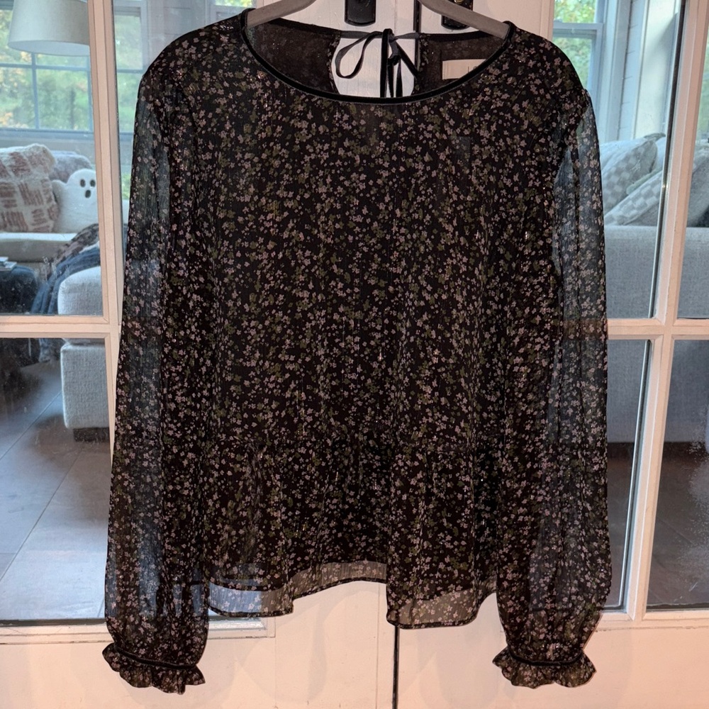 LOFT Floral Sheer Puff Sleeve Top